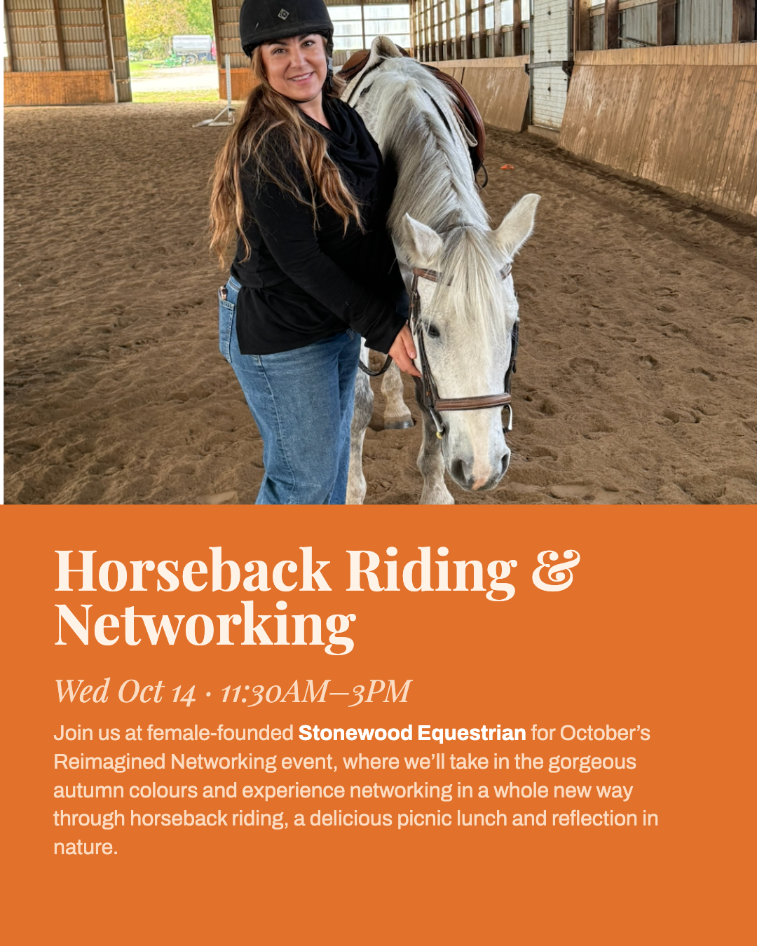 Horseback Riding & Networking promotional graphic showing an Erapreneur member with a horse at Stonewood Equestrian